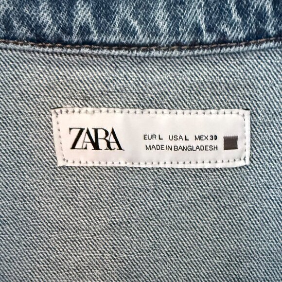 Size LARGE Zara Blue Denim Short Sleeve Button Front Mini Dress - Picture 3 of 6